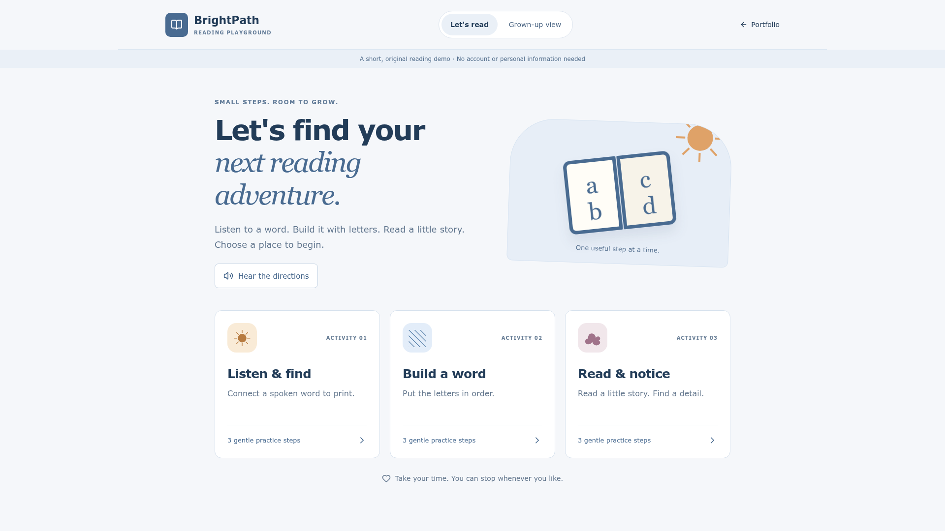 BrightPath Reading playground showing three early-literacy activities